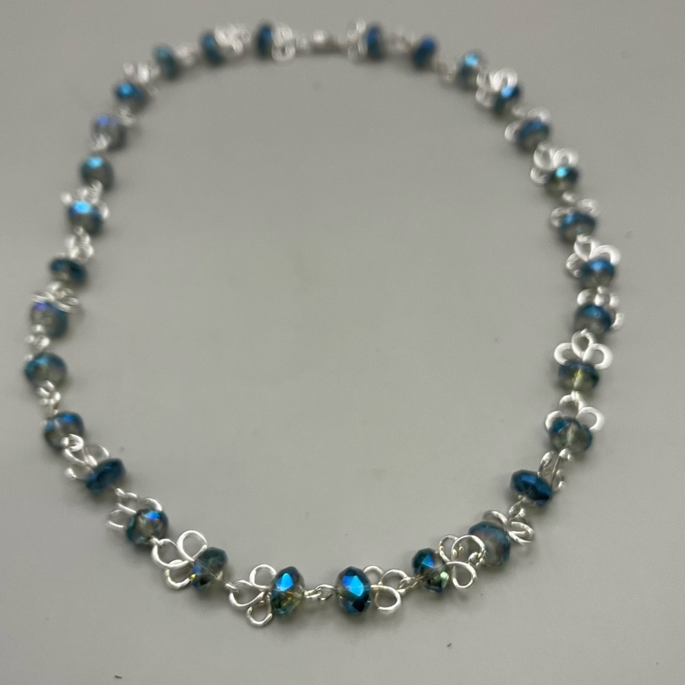 Blue Crystal and Sterling Silver Beaded Necklace with Filigree Design